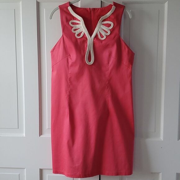TRACY NEGOSHIAN LIGHT RED PINK CREAM TRIM SHEATH DRESS SIZE LARGE - Picture 1 of 9